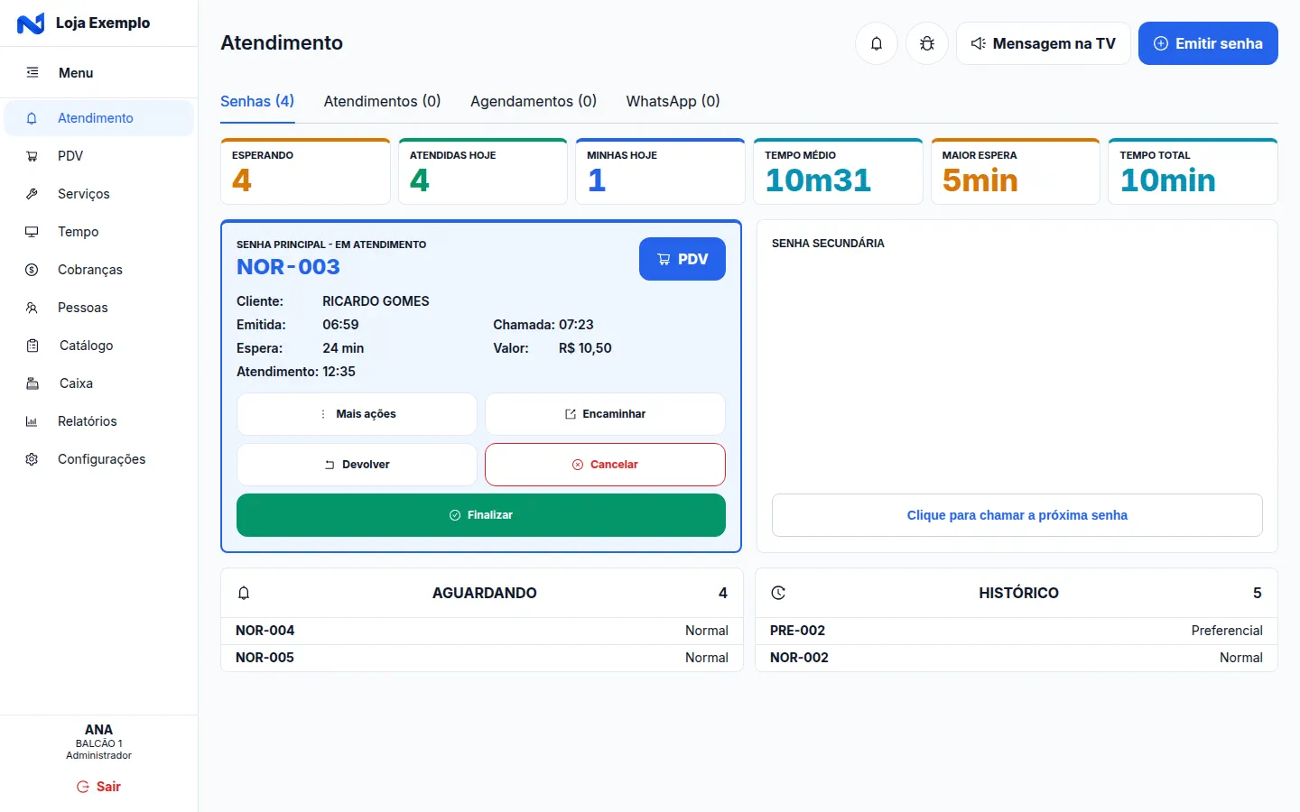 Captura da tela de senhas do NexGest, com a fila de atendimento